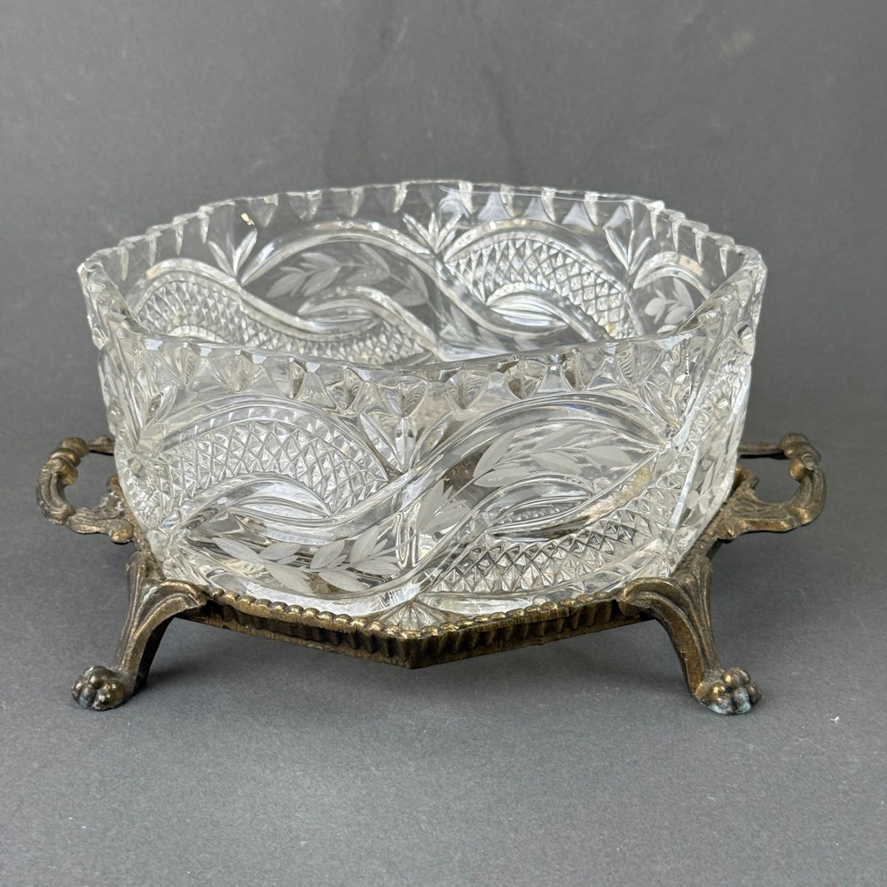 Vintage Cut Crystal Glass Bowl Ornate Metal Stand Claw Paw Feet Candy Dish - Picture 5 of 12